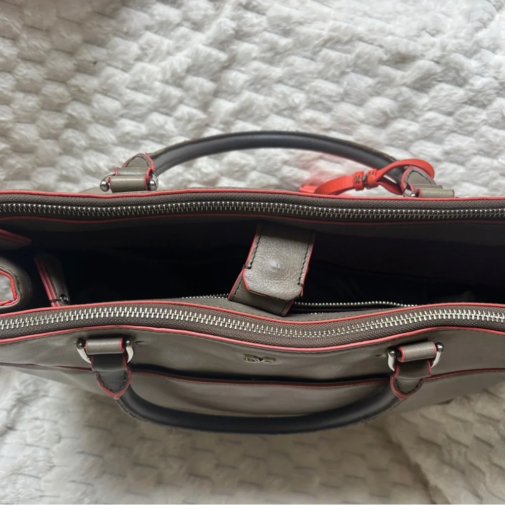 DVF Diane von Furstenberg Gray Taupe Leather Large Tote Red Trim Silver Hardware